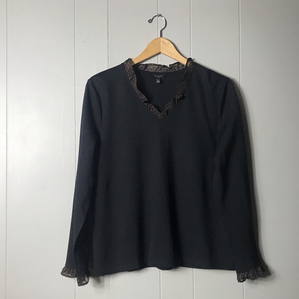 TALBOTS LEOPARD RUFFLE COLLAR CUFF BLACK V NECK STRETCH TOP WOMENS PETITE LARGE